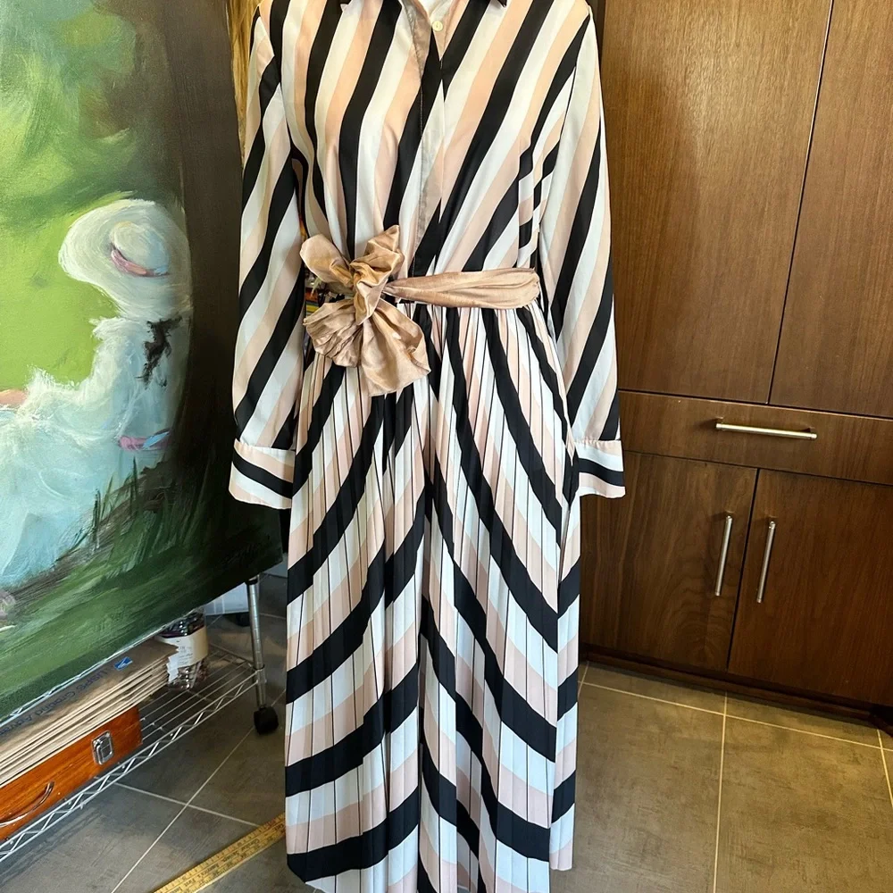 Mango Black and Cream Striped Long Sleeve Dress